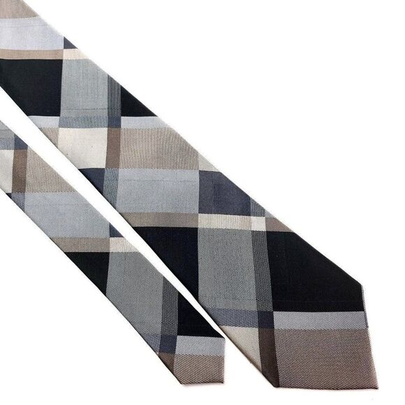 Van Heusen Silk Tie Woven Brown Black Plaid - Picture 1 of 6